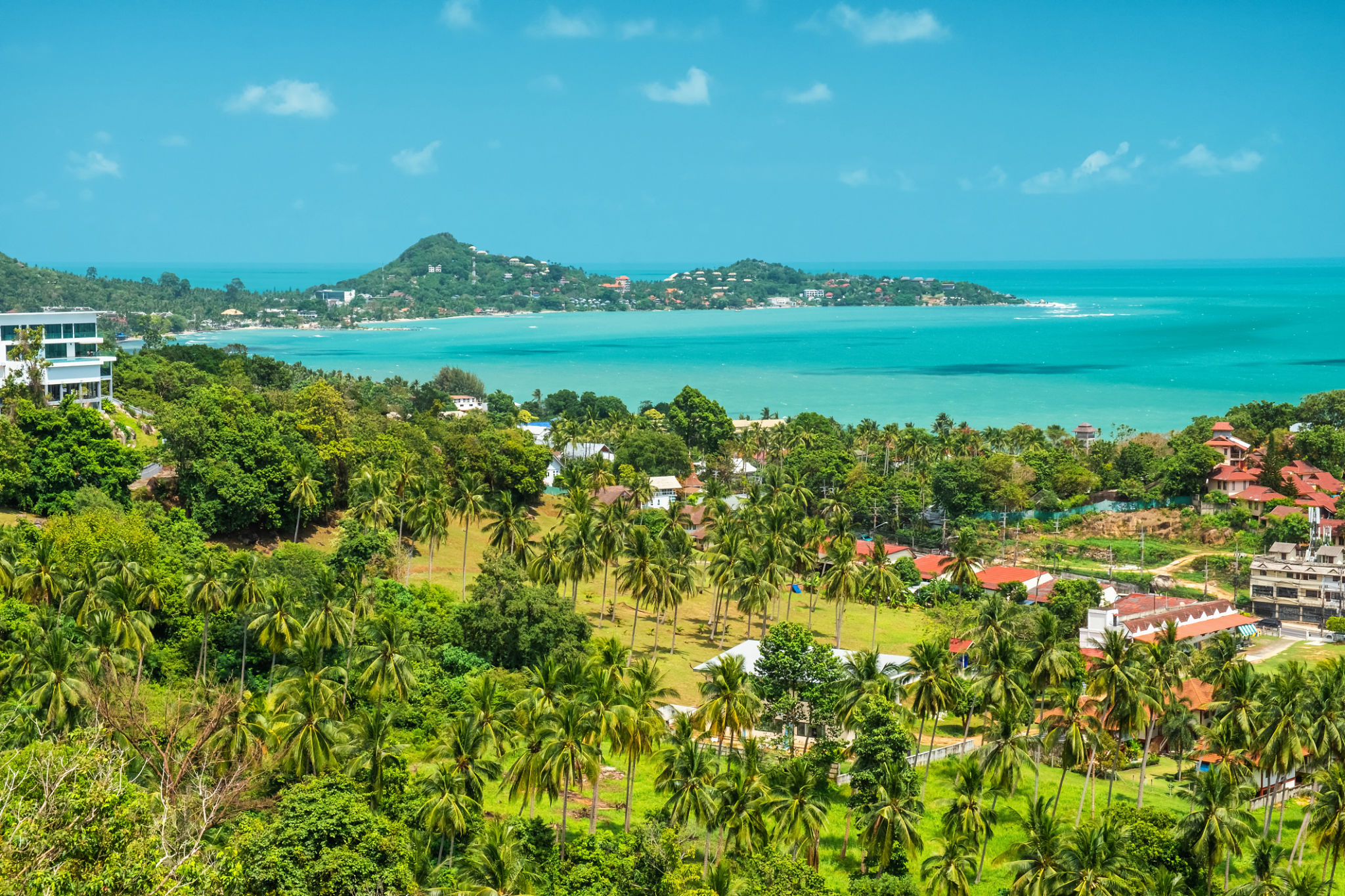 Aerial view of tropical coastal landscape with lush palm trees, hillside villas and turquoise sea under a bright sunny sky on Koh Samui island, Thailand. Summer vacation destination in Asia Aerial view of tropical coastal landscape with lush palm trees, hillside villas and turquoise sea under a bright sunny sky on Koh Samui island, Thailand. Summer vacation destination in Asia
