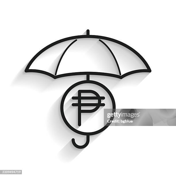 peso coin under umbrella. line icon with long shadow on white background - nafta stock illustrations