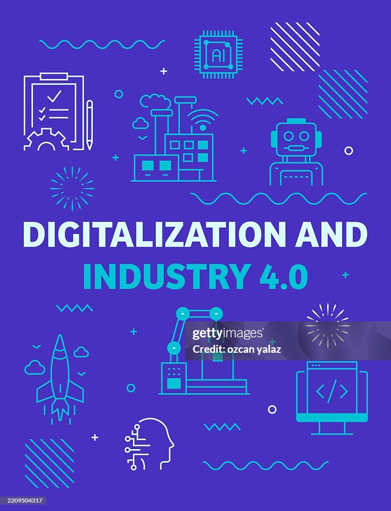 Digitalization Problems Poster Vector Illustration Digitalization And Industry 40 Concept Set Design ...