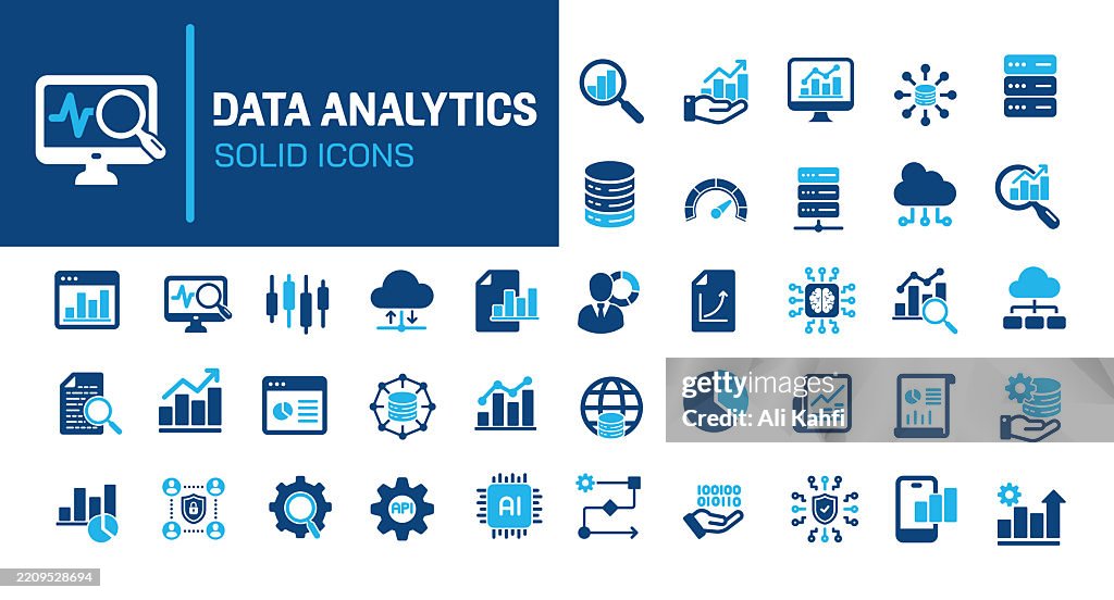 Data analytics glyph solid icons. Containing big data, analyzing, network data, database solid icons collection. Vector illustration. Perfect pixel on clean white background