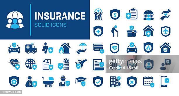 ilustrações de stock, clip art, desenhos animados e ícones de insurance glyph solid icons. containing health, travel, business insurance, employee, benefit solid icons collection. vector illustration. perfect pixel on clean white background - acidente conceito