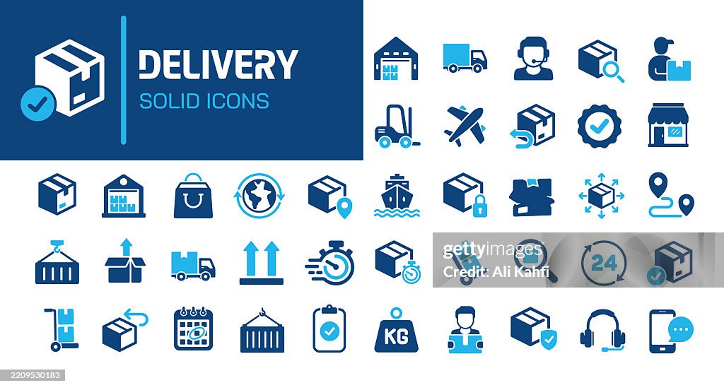 Delivery glyph solid icons. Containing warehouse, container, courier, tracking, truck, package solid icons collection. Vector illustration. Perfect pixel on clean white background
