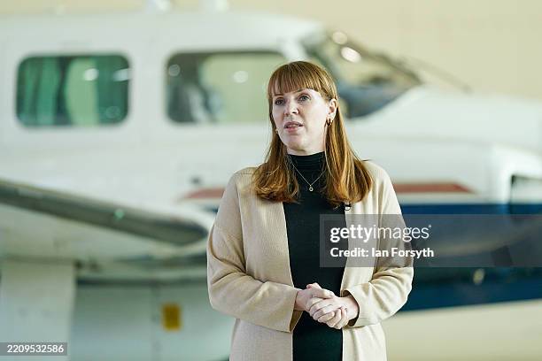 Deputy Prime Minister Angela Rayner speaks to staff and employees during a visit to Doncaster Sheffield Airport on April 10, 2025 in Sheffield,...