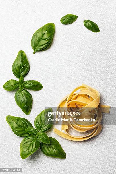 uncooked fettuccine pasta nest with fresh basil on white background - massa-não-cozinhada imagens e fotografias de stock