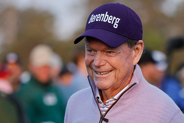 Honorary Starter Tom Watson of the United States smiles on the first tee during the first round of the 2025 Masters Tournament at Augusta National...