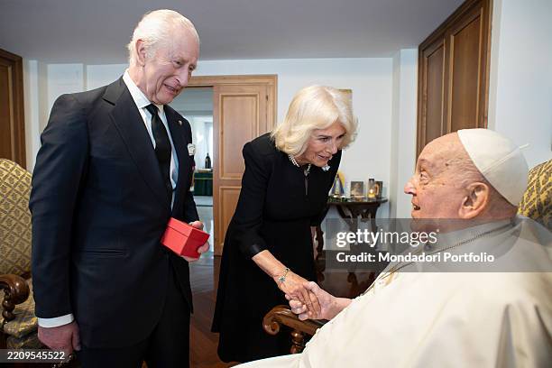 King Charles III and Queen Camilla, traveling in Italy, meet privately with Pope Francis at Casa Santa Marta. Vatican City , April 9th, 2025.