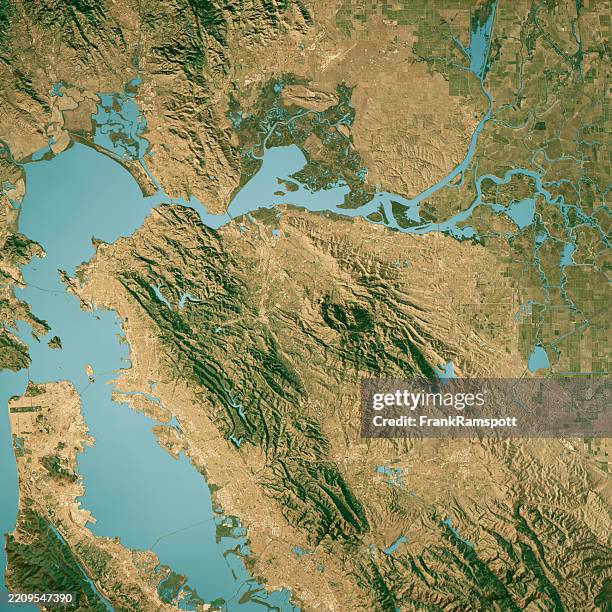 condado de contra costa ca mapa topográfico satelital 3d render color verdadero - martinez california fotografías e imágenes de stock