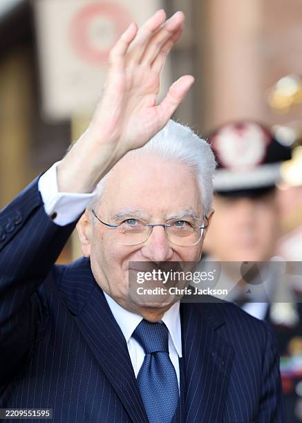 President of Italy, Sergio Mattarella visits a market in the Piazza del Popolo, the heart of Ravenna, during day four of King Charles III and Queen...