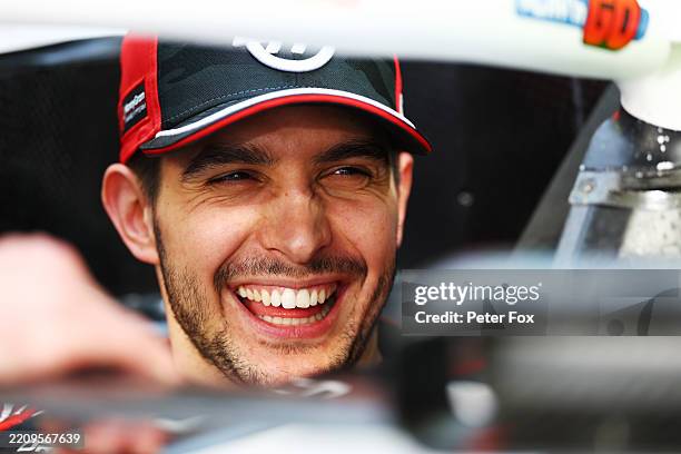 Esteban Ocon of France and Haas F1 looks on during his seat fit during previews ahead of the F1 Grand Prix of Bahrain at Bahrain International...