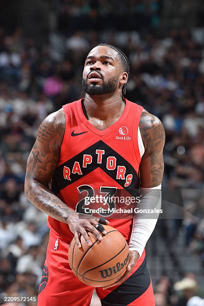Jamal Shead of the Toronto Raptors prepares to shoot a free throw during the game against the San Antonio Spurs on April 13, 2025 at the Frost Bank...