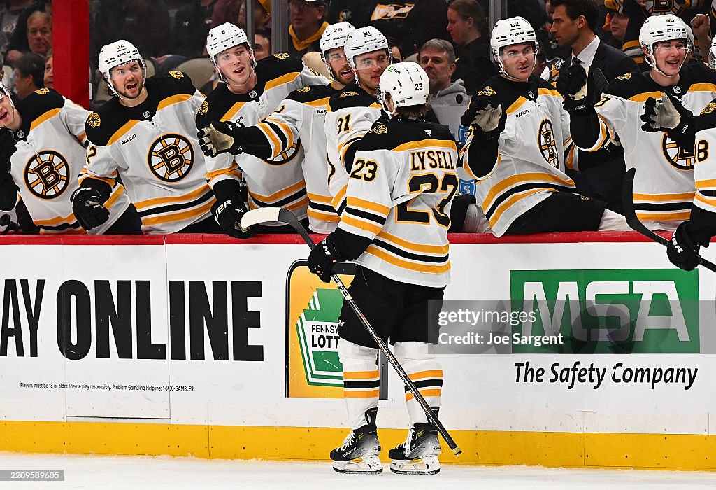 Bruins Python Fabian Lysell of the Boston Bruins celebrates his first NHL goal in ...