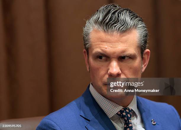 Secretary of Defense Pete Hegseth attends a Cabinet meeting at the White House on April 10, 2025 in Washington, DC. President Trump convened a...