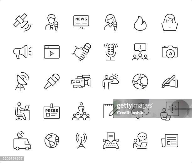 journalism icon set. editable stroke weight. pixel perfect icons. - journalism stock illustrations
