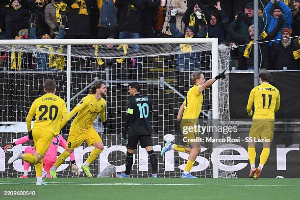 Ulrik Saltnes Of Bodo Glimt celebrates with teammates after scoring the opening goal during the UEFA Europa League 2024/25 Quarter Final First Leg...