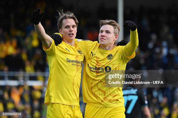 Ulrik Saltnes of FK Bodo/Glimt celebrates scoring his team's second goal with teammate Jens Petter Hauge during the UEFA Europa League 2024/25...