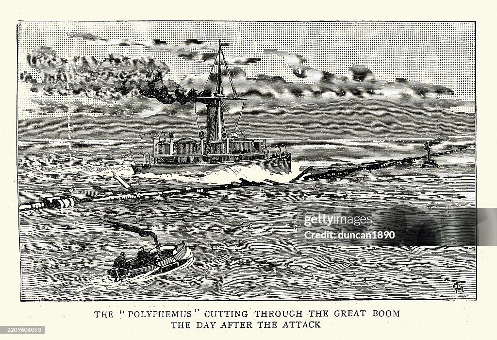 History, British Royal Navy, HMS Polyphemus a Royal Navy torpedo ram, A shallow-draft, fast, low-profile vessel, she was designed to penetrate enemy harbours at speed and sink anchored ships, Victorian 19th Century 1880s