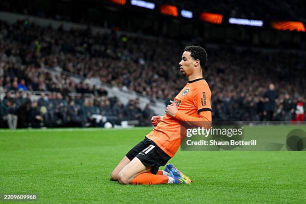 Hugo Ekitike of Eintracht Frankfurt celebrates scoring his team's first goal during the UEFA Europa League 2024/25 Quarter Final First Leg match...