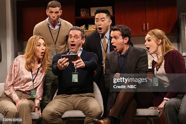 Episode 1881 -- Pictured: Heidi Gardner as Cassidy, Mikey Day as Chris, host Jon Hamm as Greg, Bowen Yang as Philip, Andrew Dismukes as Chris, and...