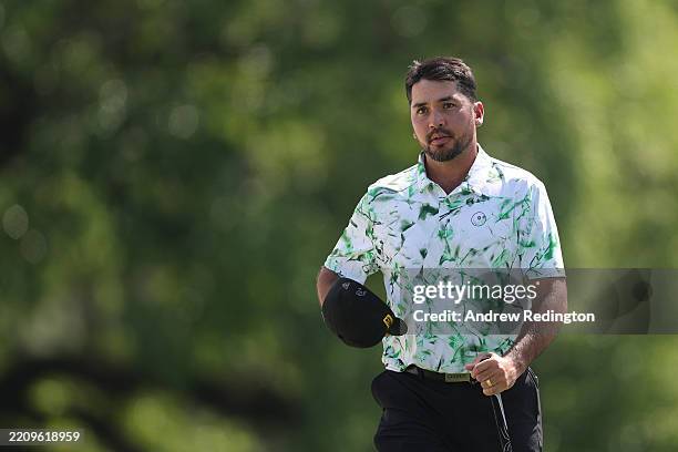 Jason Day of Australia reacts on the 18th hole during the first round of the 2025 Masters Tournament at Augusta National Golf Club on April 10, 2025...