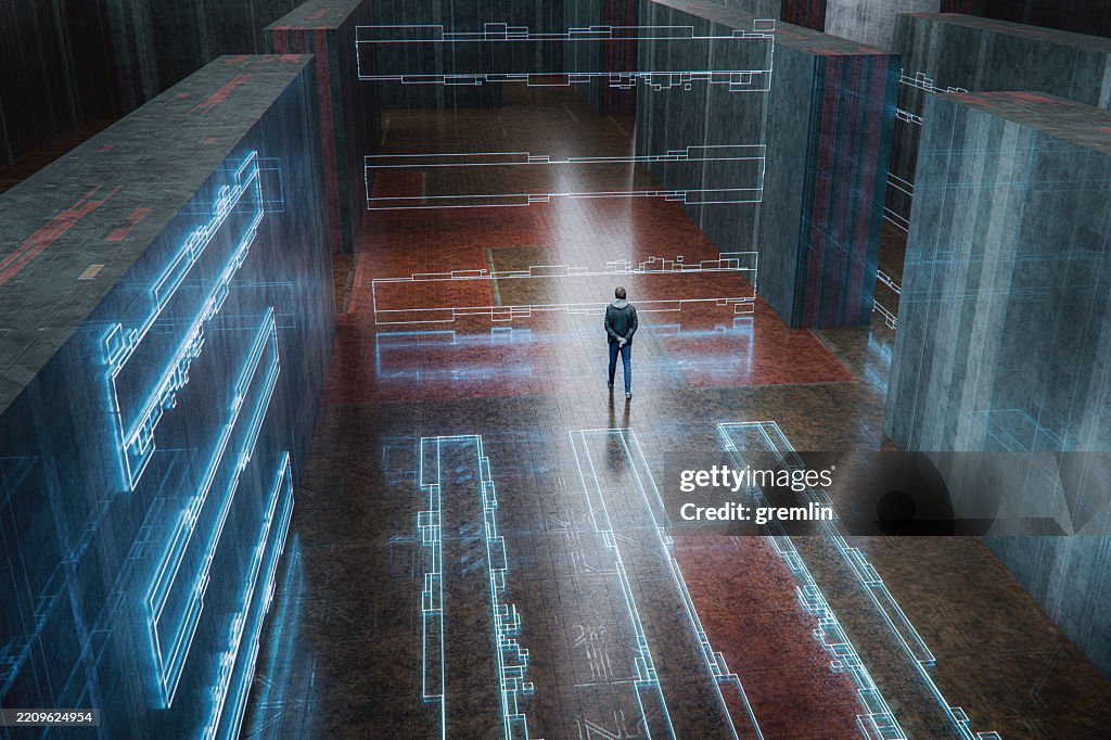Man standing in VR environment facing restricted area