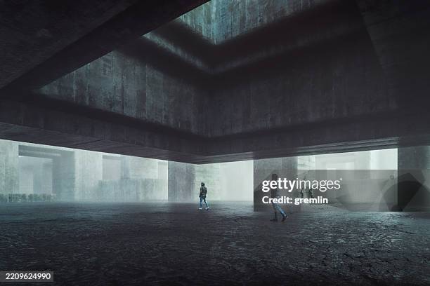 futuristic dystopian dark street with people - brutalism stock pictures, royalty-free photos & images