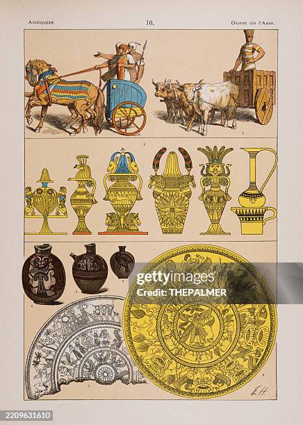 illustrazioni stock, clip art, cartoni animati e icone di tendenza di litografia di carri e navi dell'asia occidentale da un antico libro francese del 1890 - cultura dellasia occidentale