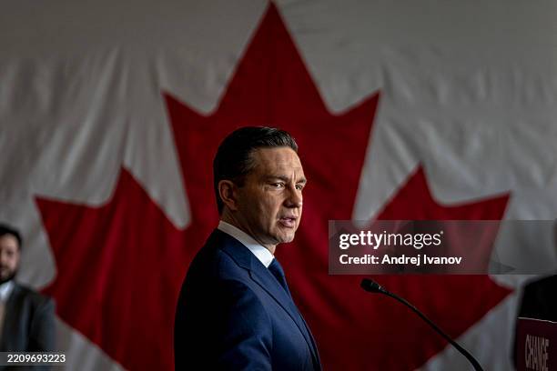 Canada's Conservative Party Leader Pierre Poilievre speaks at a press conference during a campaign event on April 14, 2025 at the Holiday Inn &...