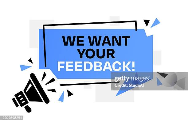 stockillustraties, clipart, cartoons en iconen met "we want your feedback" banner template with megaphone - vragenlijst