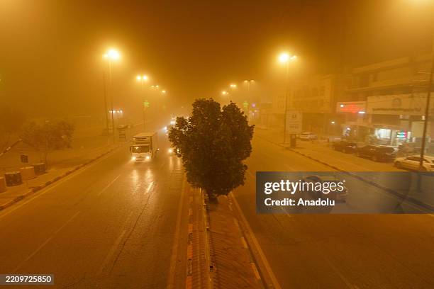 The sandstorm affects daily life negatively in Najaf, Iraq on April 14, 2025. Due to the sandstorm, visibility in traffic was shortened.