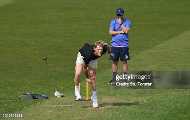 England test captain Ben Stokes in bowling action during the lunch interval as he works his way back from injury during day one of the Rothesay...