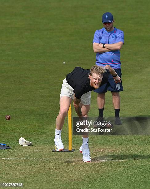 England test captain Ben Stokes in bowling action during the lunch interval as he works his way back from injury during day one of the Rothesay...