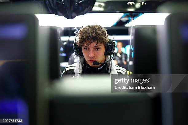 Andrea Kimi Antonelli of Italy and Mercedes AMG Petronas F1 Team looks on in the garage during practice ahead of the F1 Grand Prix of Bahrain at...