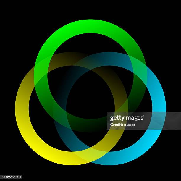 colorful overlapping circles creating a vibrant visual effect against a dark background. - merging circles stock illustrations