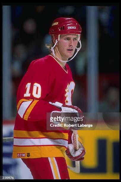 Leftwinger Gary Roberts of the Calgary Flames looks on during a game against the Montreal Canadiens at the Montreal Forum in Montreal, Quebec....