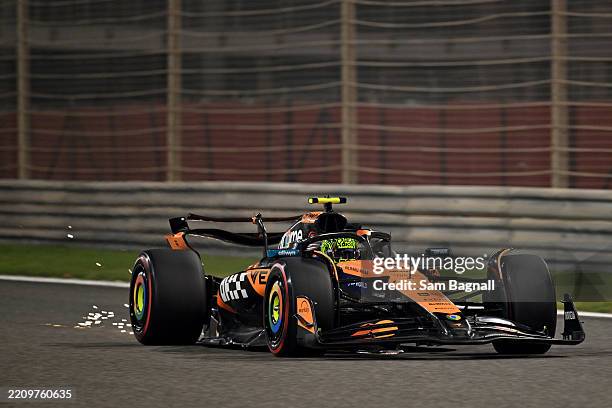 Lando Norris of Great Britain driving the McLaren MCL39 Mercedes on track during practice ahead of the F1 Grand Prix of Bahrain at Bahrain...