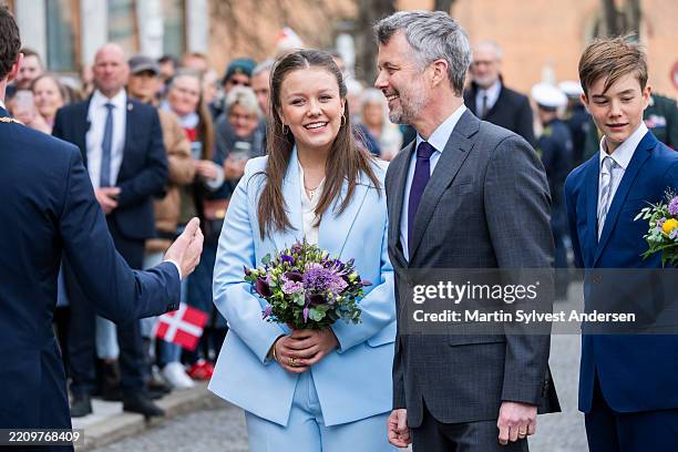 Princess Isabella of Denmark and King Frederik X of Denmark in front of Aarhus City Hall to celebrate Princess Isabella Of Denmark's 18th birthday on...