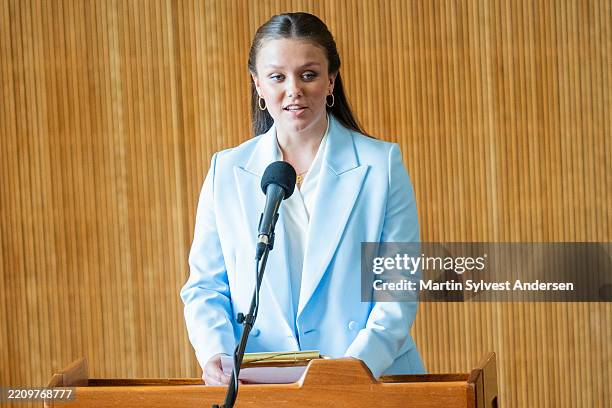Princess Isabella of Denmark on stage thanking all for a great day at Aarhus City Hall to celebrate her 18th birthday on April 11, 2025 in Aarhus,...