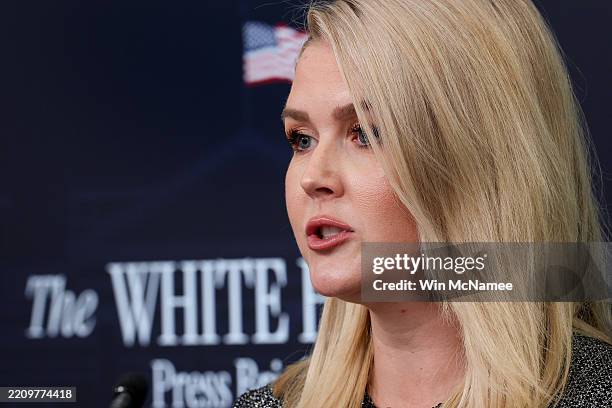 White House press secretary Karoline Leavitt speaks during a daily press briefing in the Brady Press Briefing Room at the White House on April 11,...