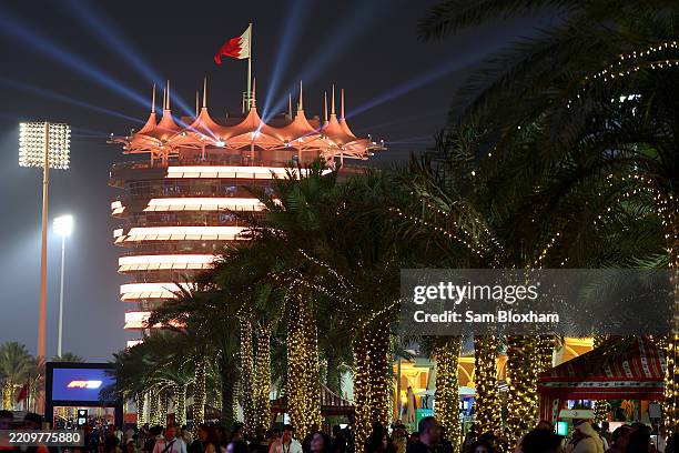 Light display on the Sakhir Tower during practice ahead of the F1 Grand Prix of Bahrain at Bahrain International Circuit on April 11, 2025 in...
