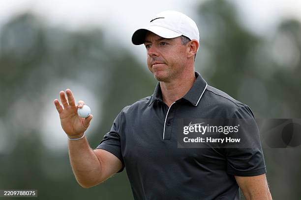 Rory McIlroy of Northern Ireland reacts after a putt on the 18th hole during the second round of the 2025 Masters Tournament at Augusta National Golf...