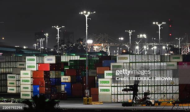 Shipping containers stacked high at the Port of Los Angeles on April 14, 2025 in Los Angeles, California. Imports arriving at the country's busiest...