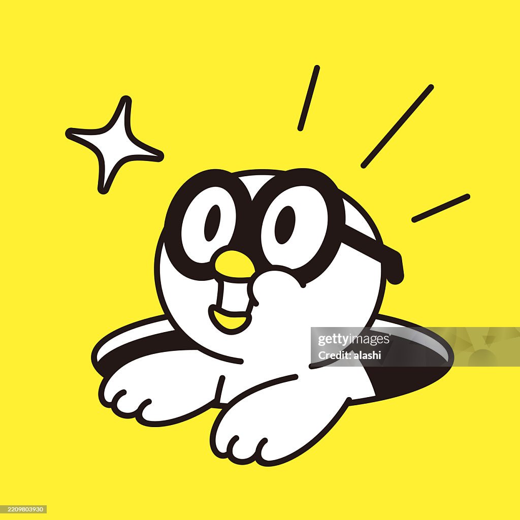 A cute bird, wearing large glasses, poking its head out of a hole, smiling, talking, or singing. Three-quarter front view, black outline with flat colors, minimalist style