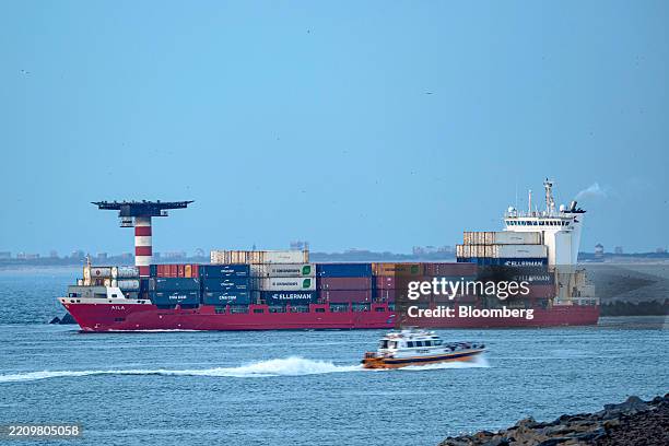 The Aila container ship leaves the Port of Rotterdam, in Rotterdam, Netherlands, on Monday, April 14, 2025. Exports to the US are expected to fall by...