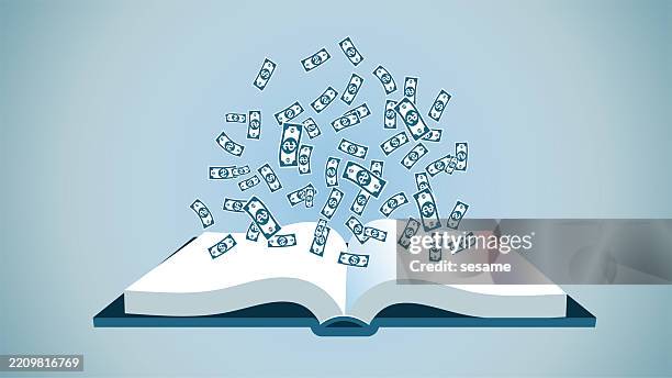 education, knowledge and money, learning money making ideas or techniques, educational investments and debt, money raining down in open books - raining bank notes stock illustrations