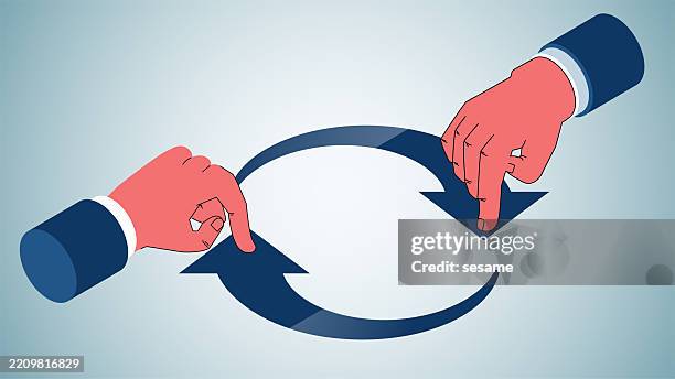 to trade or exchange, equidistant two fingers push the arrows in a circle with each other - arrows in a circle stock illustrations