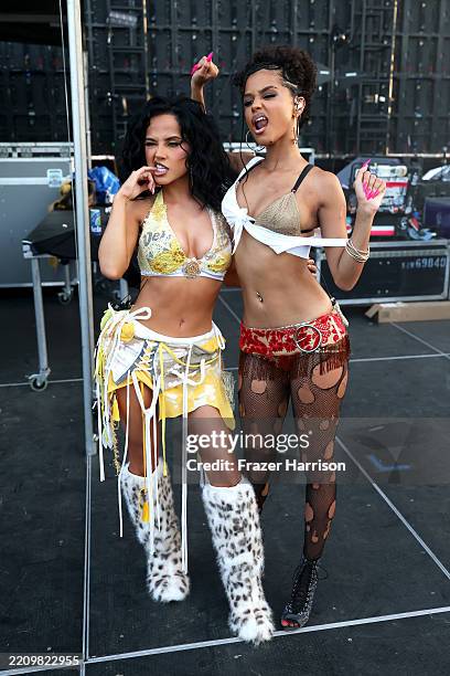 Becky G and Tyla pose backstage at the Outdoor Theatre during the 2025 Coachella Valley Music and Arts Festival at Empire Polo Club on April 11, 2025...