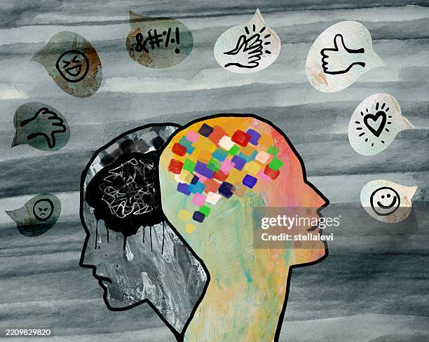 illustrations, cliparts, dessins animés et icônes de cyberintimidation et cyberintimidation : compliments sur les médias et ses effets émotionnels - santé mentale - cyber harcèlement