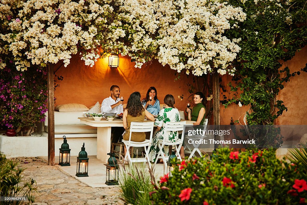 Wide shot friends toasting with wine during outdoor dinner party