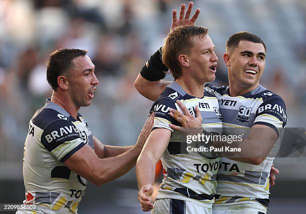 Jaxon Purdue of the Cowboys celebrates a try during the round six NRL match between South Sydney Rabbitohs and North Queensland Cowboys at Perth...