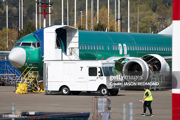Boeing 737 aircraft is pictured outside BoeingÕs Renton Factory in Renton, Washington on April 15, 2025. US aviation giant Boeing, fresh off a...